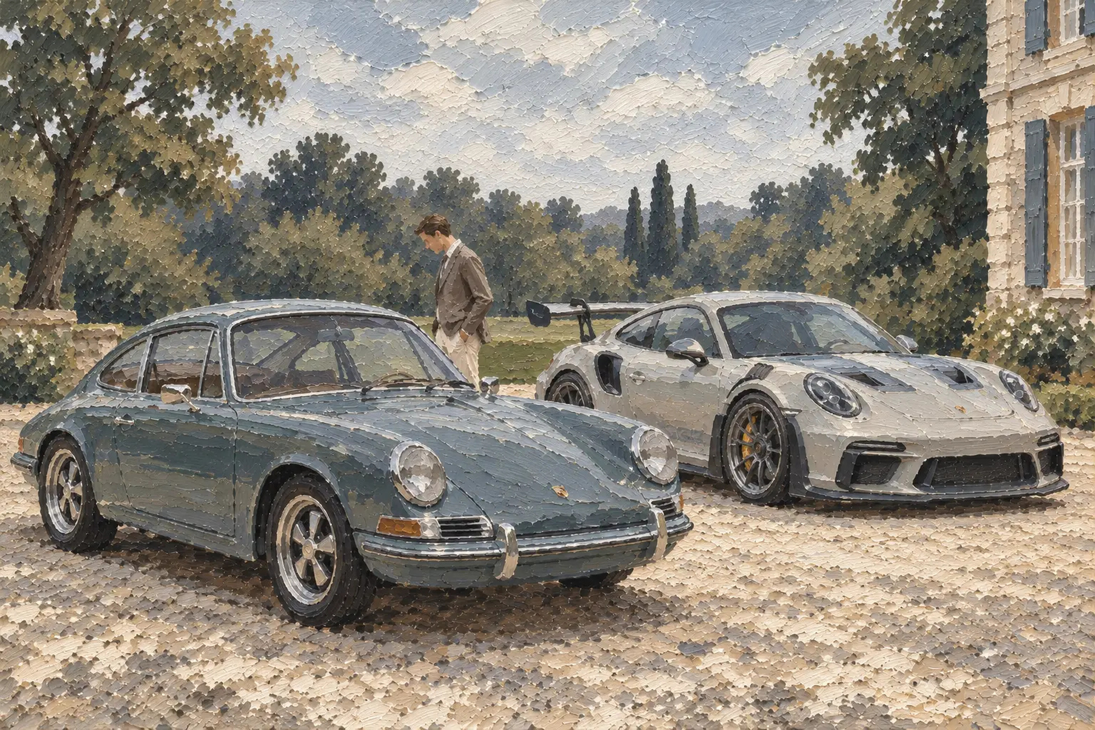 Tableau de deux automobiles de prestige, une ancienne et une récente, dans la cour d’un domaine