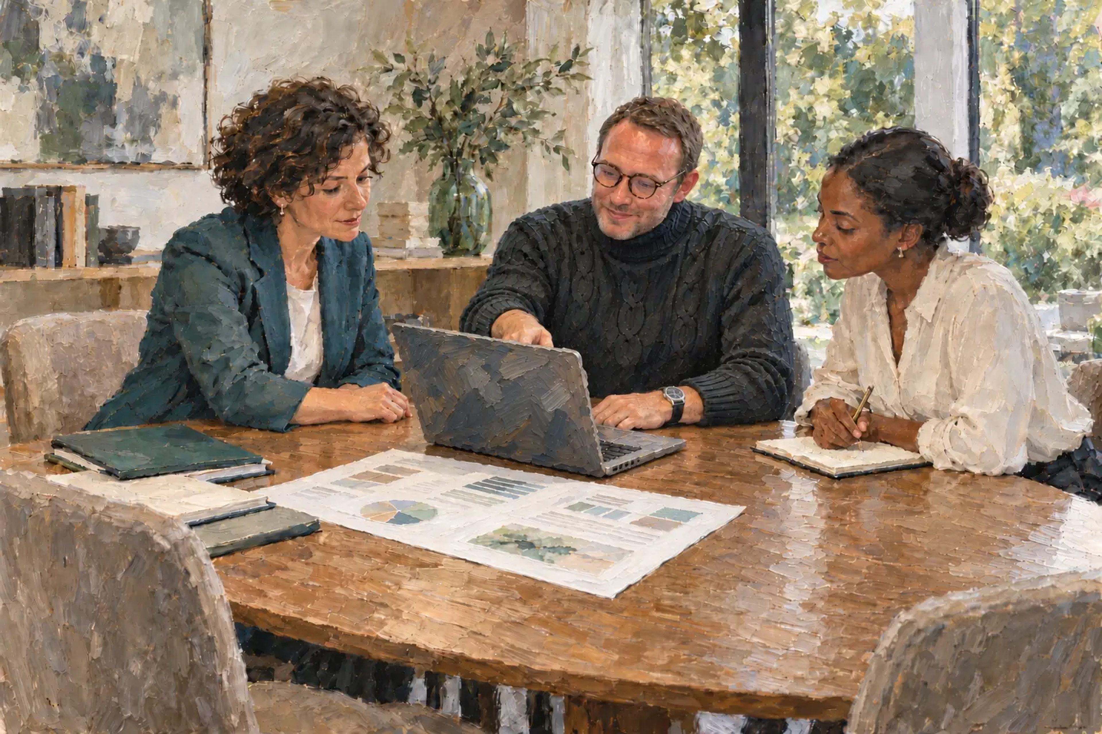 Tableau de trois personnes réunies autour d’un ordinateur portable et de documents sur une table