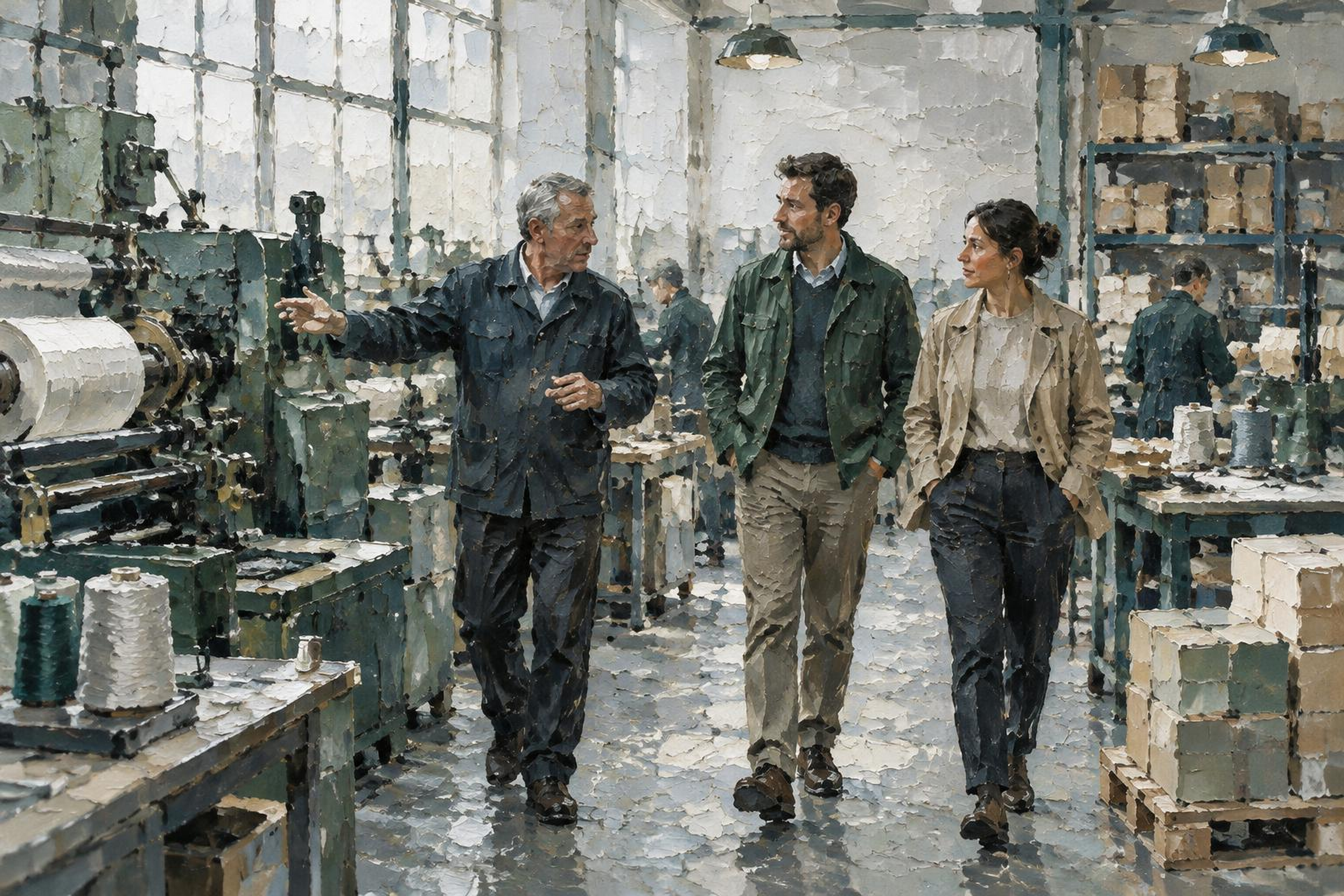 Peinture de trois personnes en visite dans un atelier de production : un responsable en bleu de travail guide deux visiteurs le long des machines