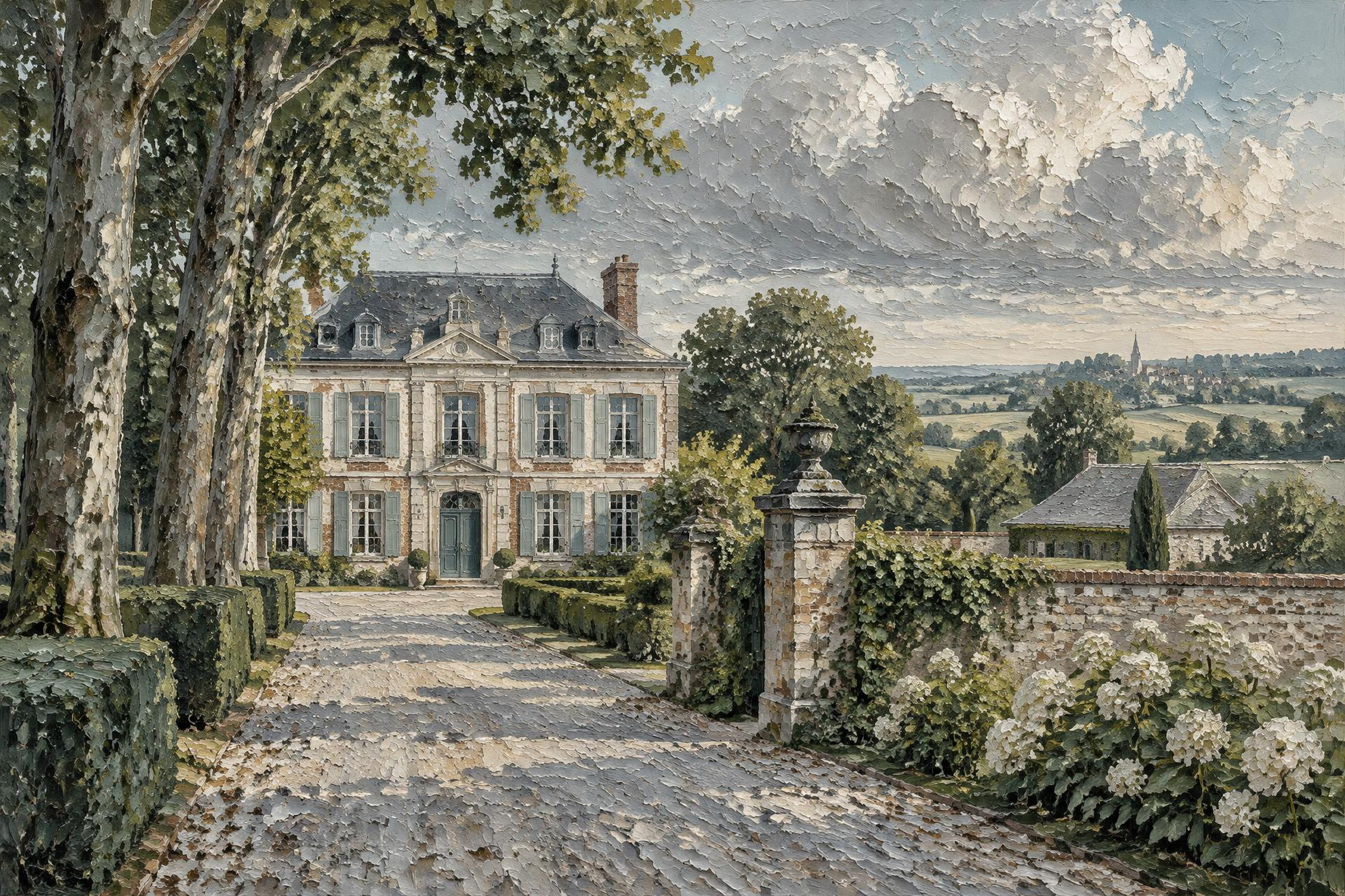 Tableau d’une propriété de caractère en pierre et brique, allée gravillonnée et jardin clos