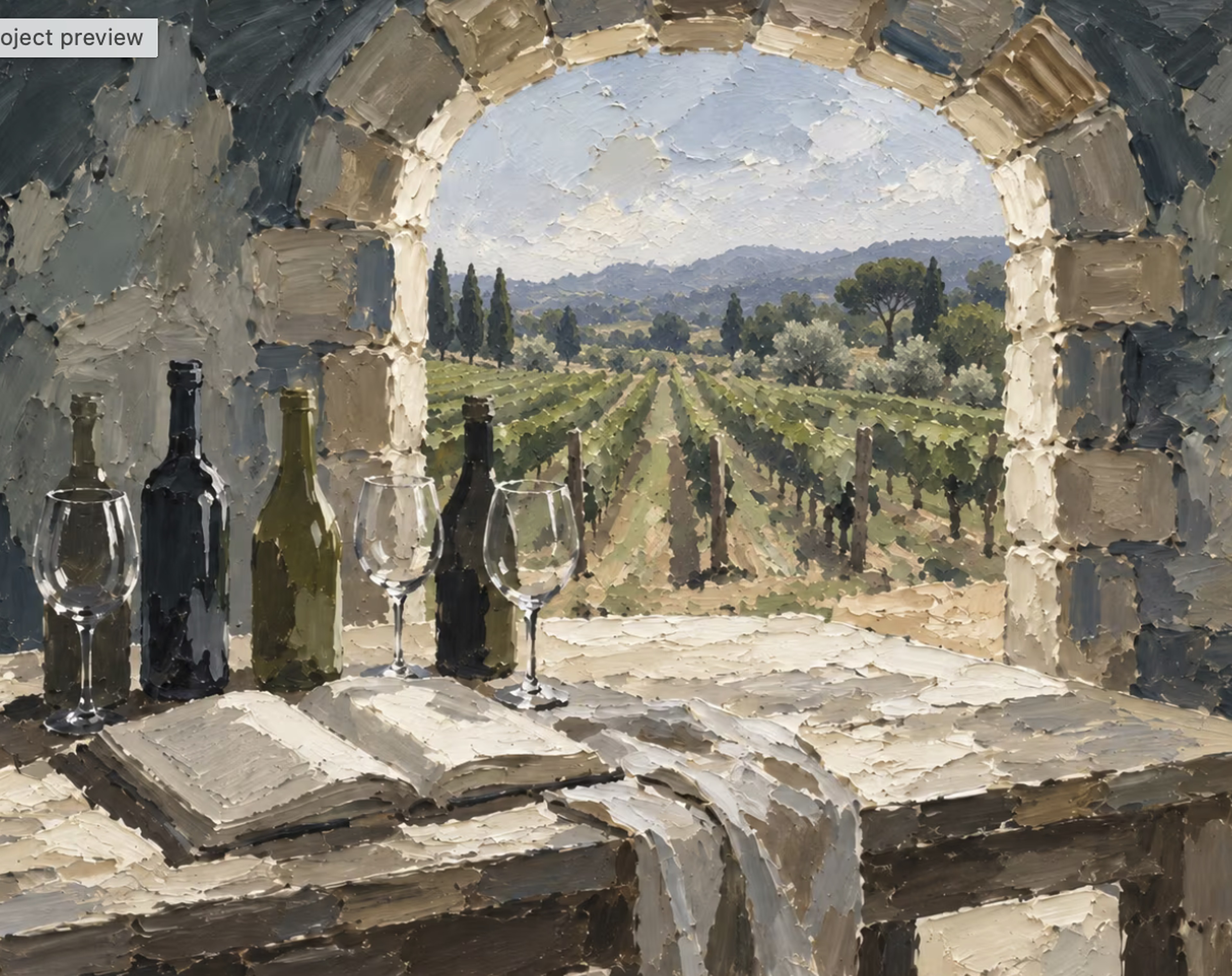 Tableau de bouteilles et de verres dans une cave voûtée, les vignes s’étendant au-dehors par une arche