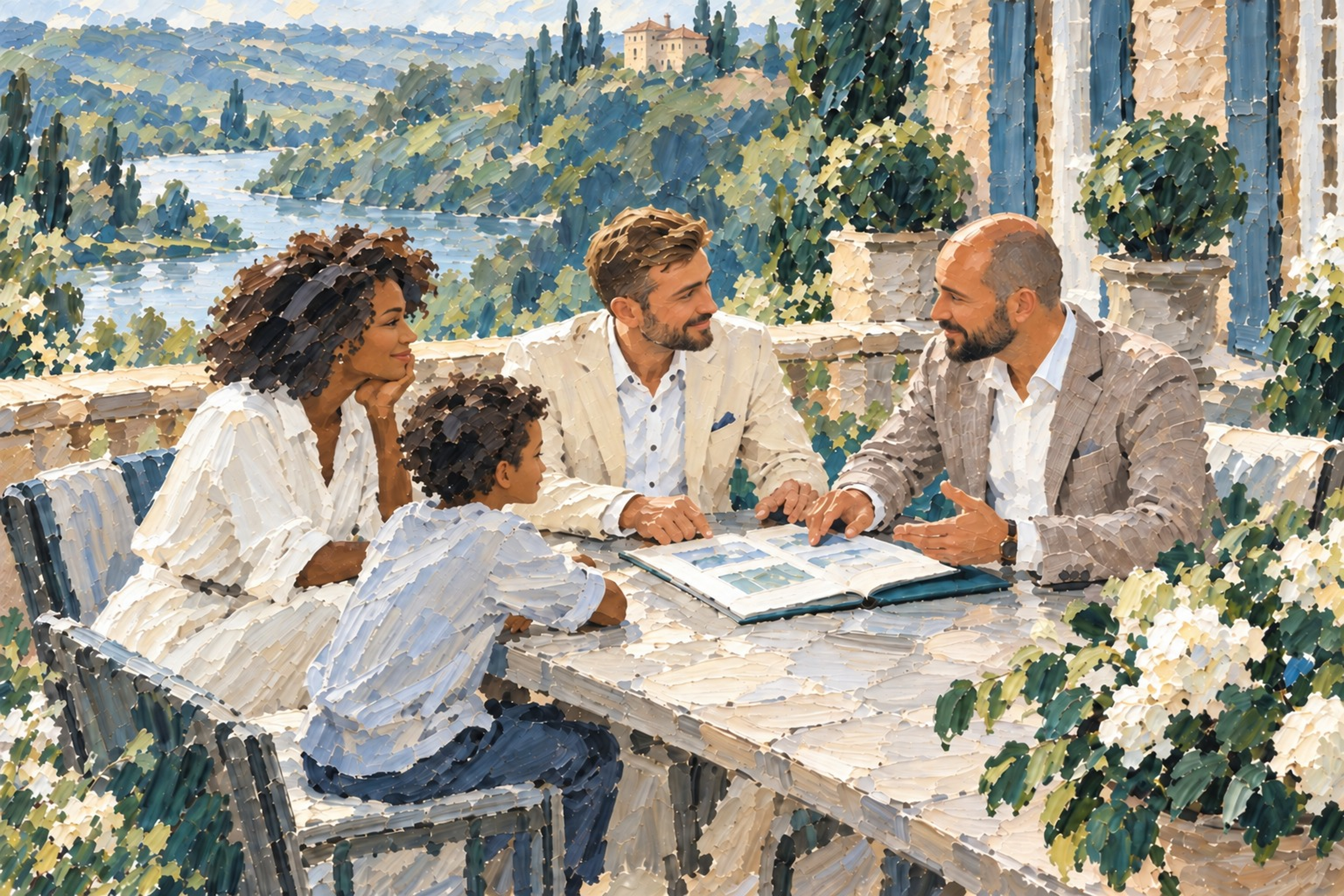 Tableau d’une mère et de son fils échangeant avec deux conseillers autour d’un album sur une terrasse ensoleillée, une vallée et une rivière en contrebas