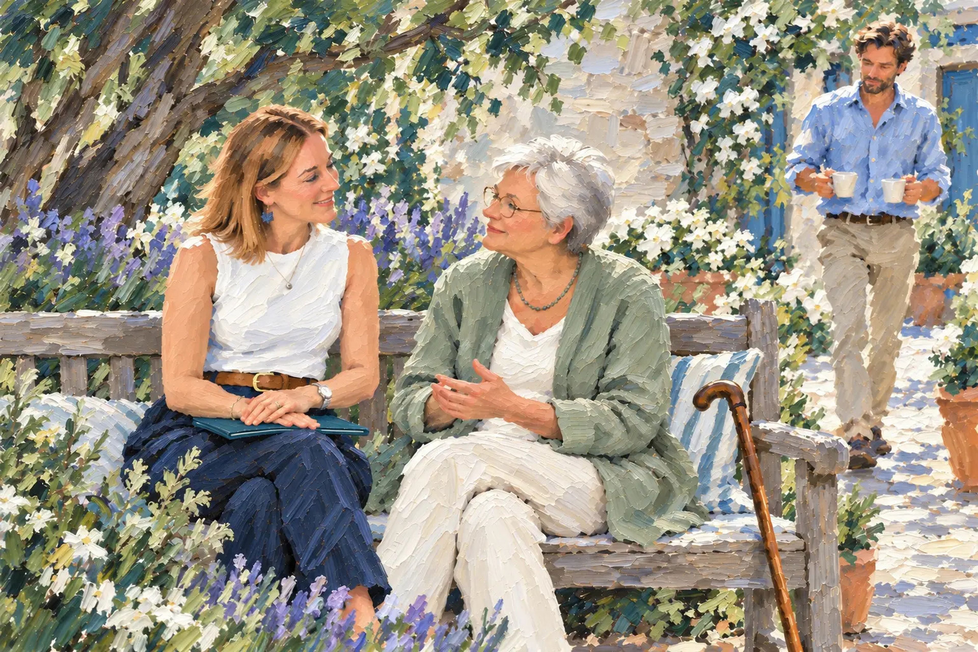 Tableau d’une femme âgée et d’une proche en conversation sur un banc de jardin, un homme apportant deux tasses en arrière-plan