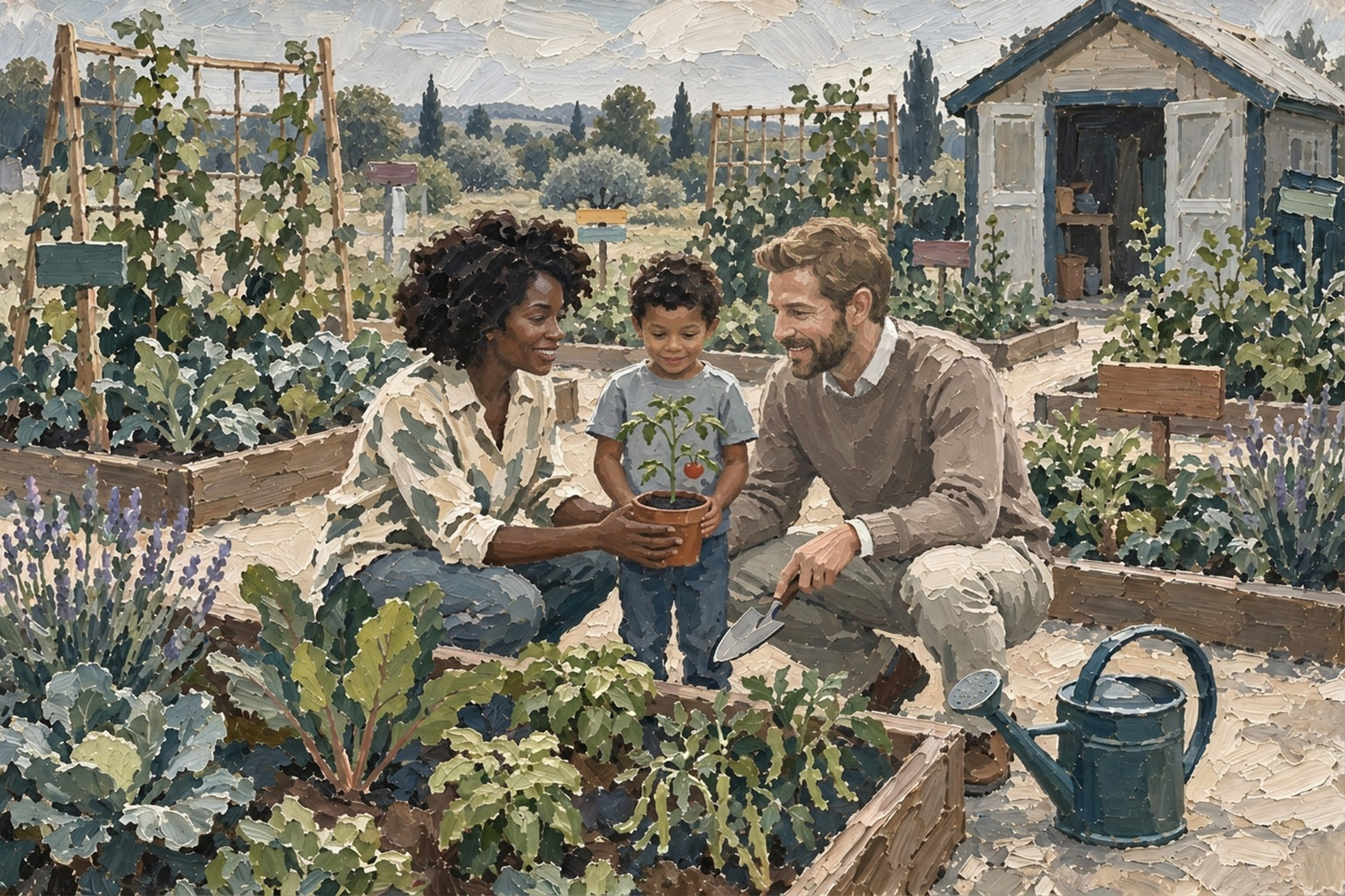 Tableau d’une famille échangeant dans un paysage aux touches bleu de jaspe