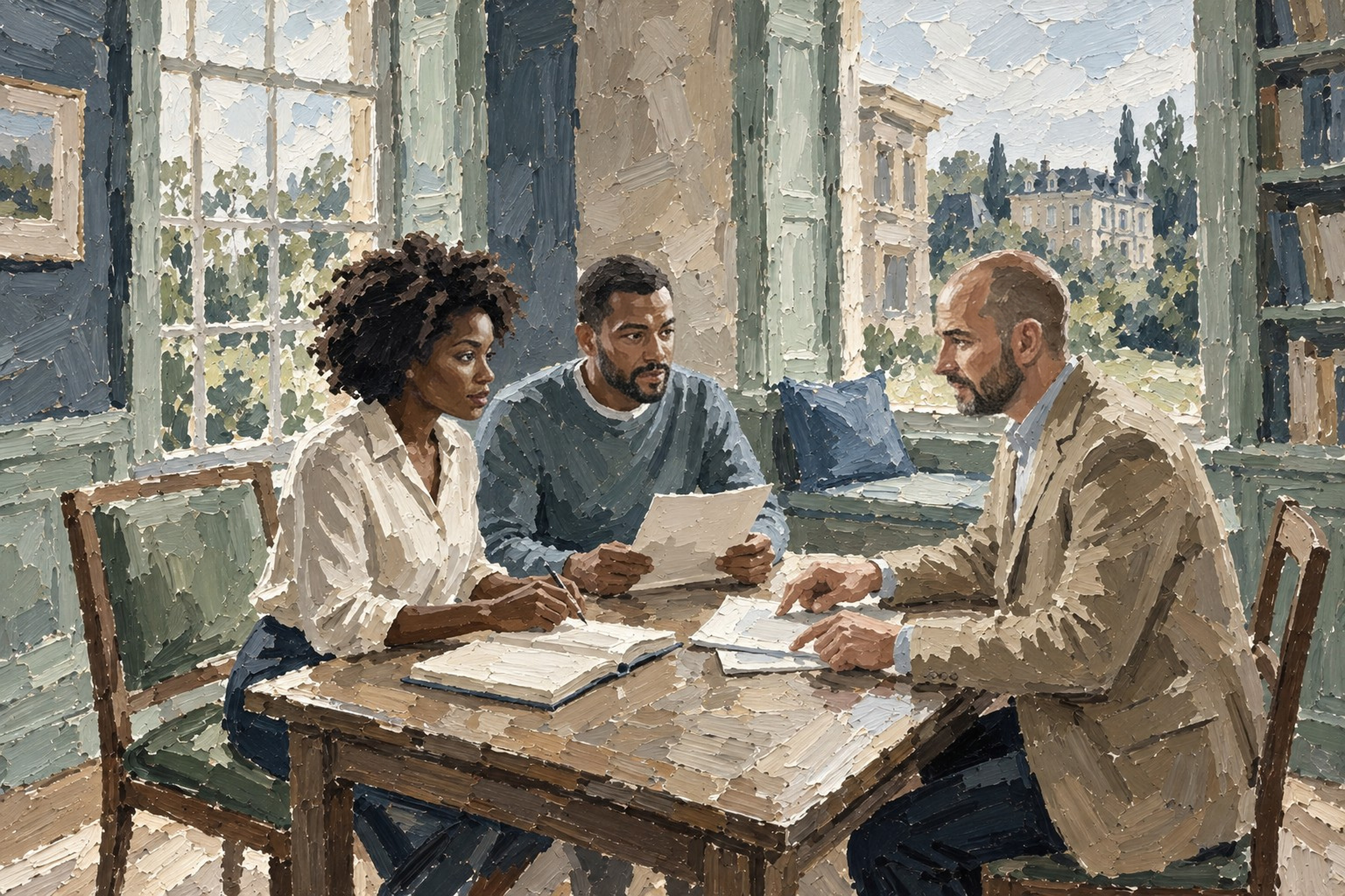 Tableau d’une famille réunie autour de documents dans une bibliothèque