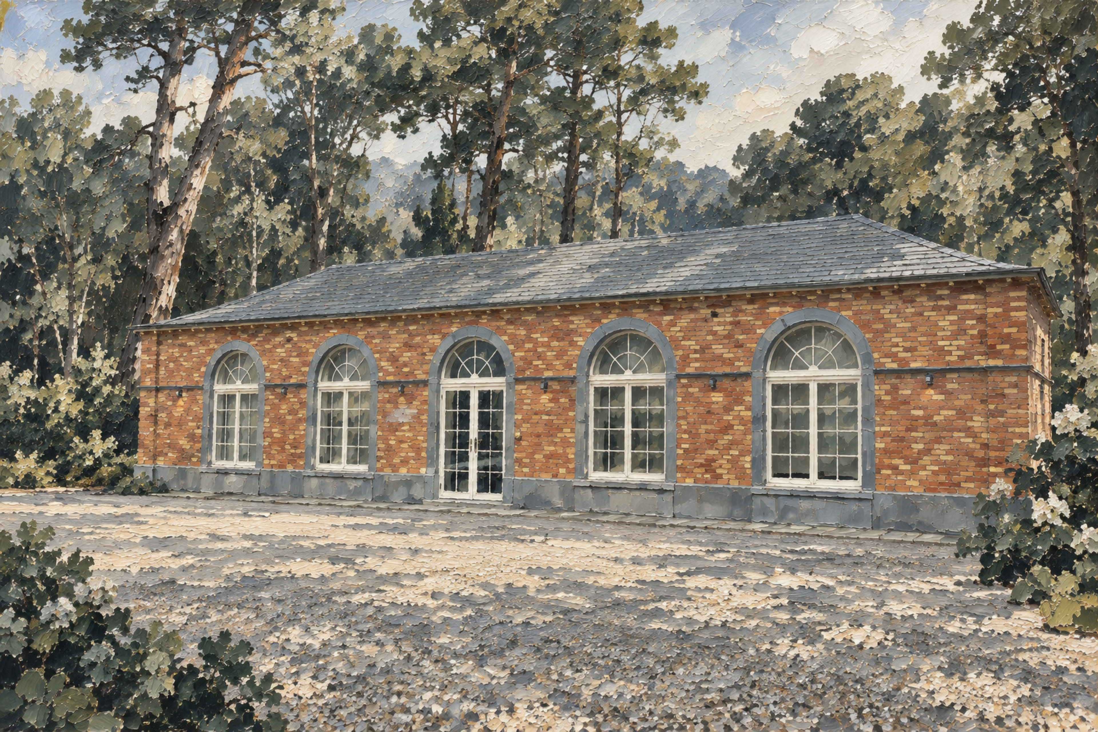 Peinture de l’orangerie de Clerlande en briques, avec ses cinq grandes baies, au cœur d’un parc arboré