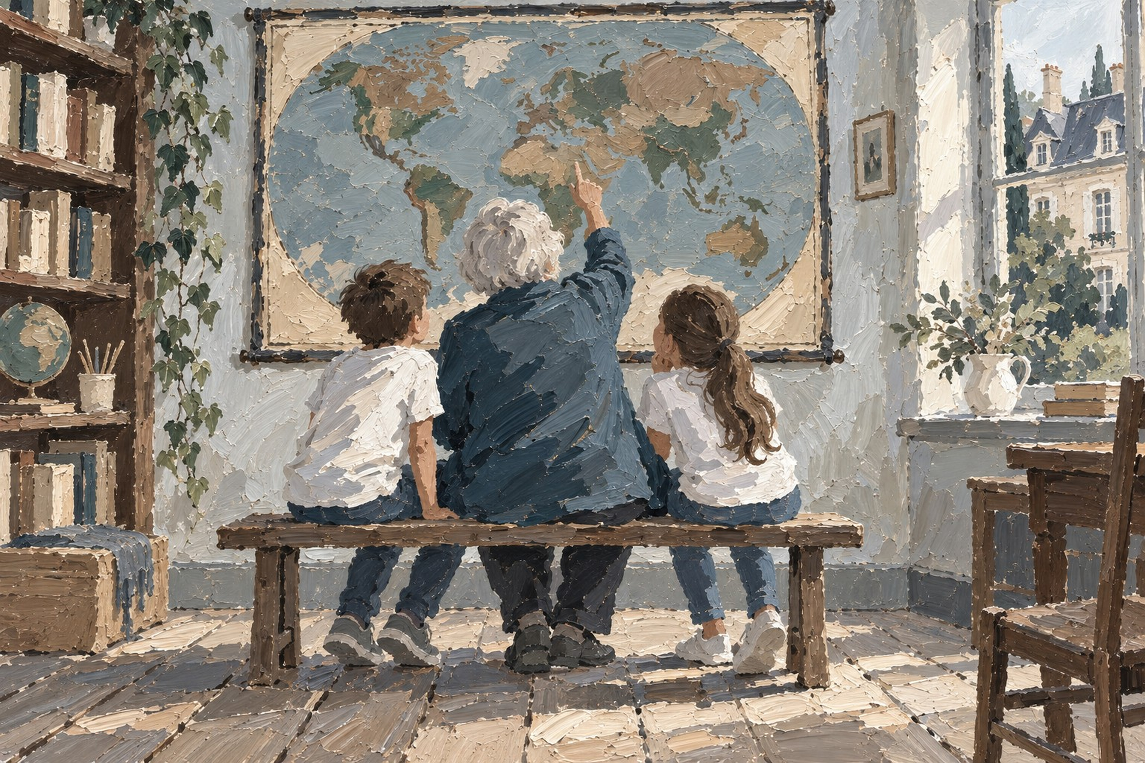 Tableau d’une grand-mère et de deux petits-enfants en vêtements quotidiens devant une grande mappemonde ancienne