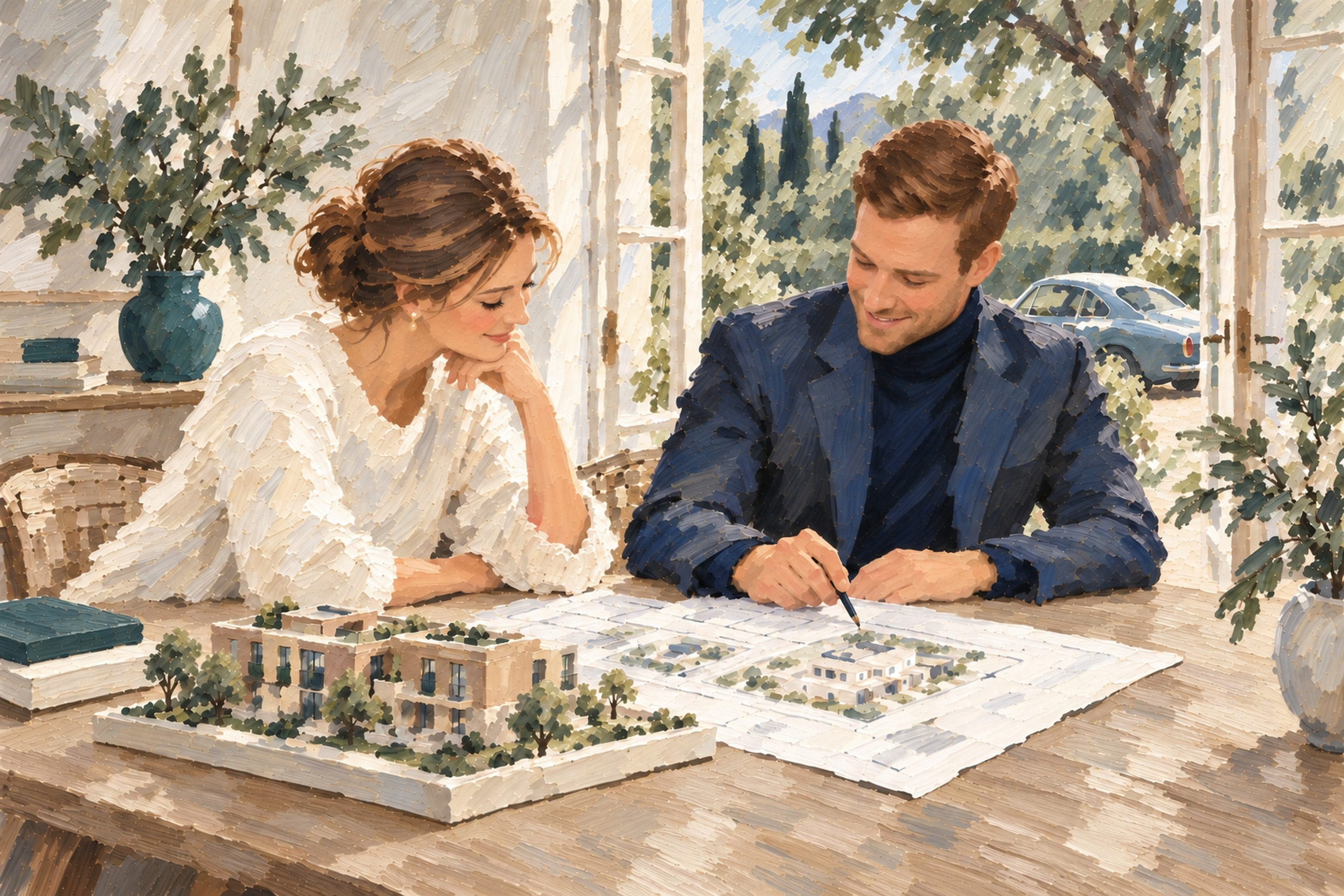 Tableau d’une femme et d’un homme autour de plans et d’une maquette d’architecte dans un intérieur lumineux