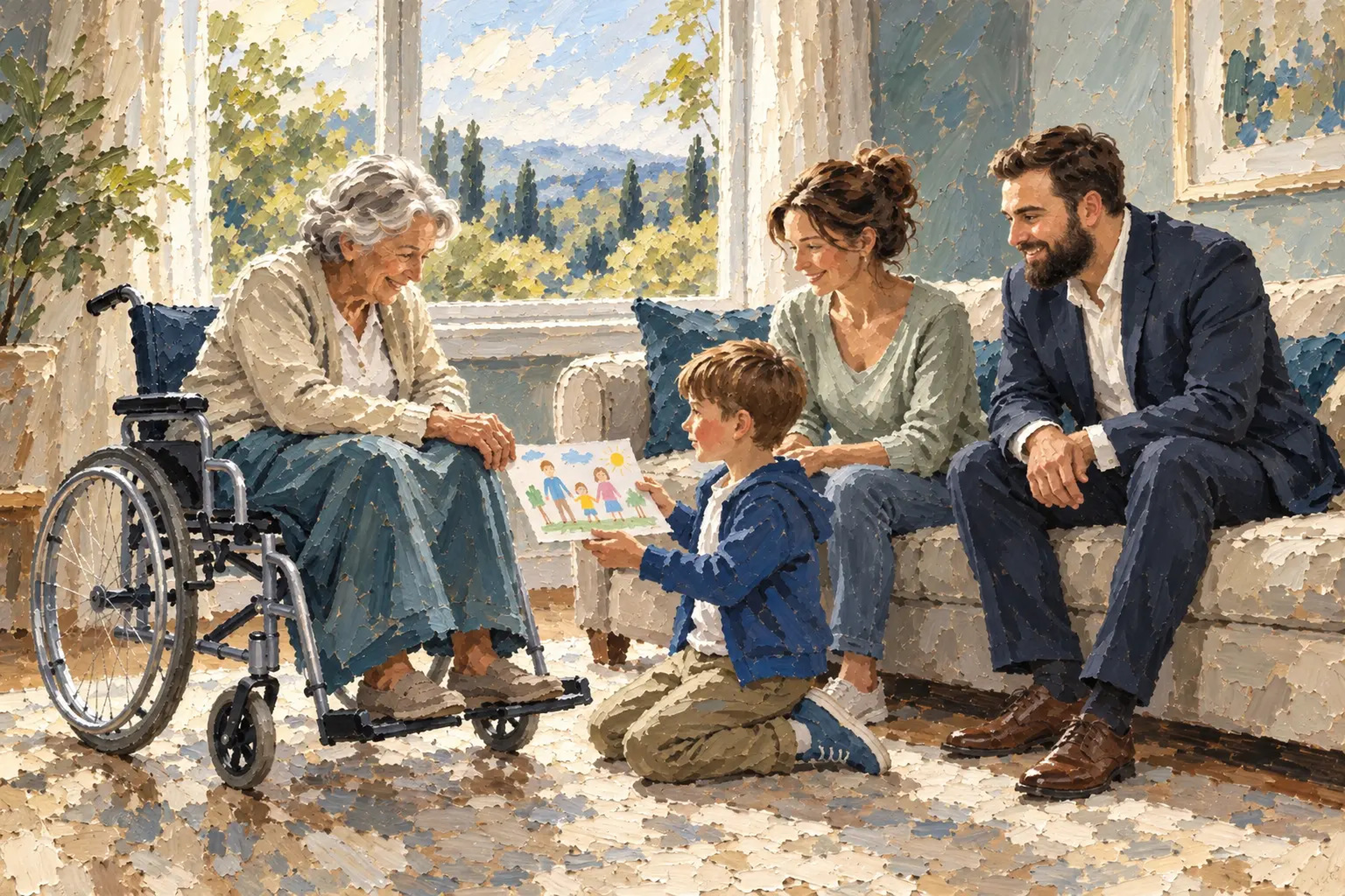 Tableau d’une grand-mère en fauteuil roulant, d’un enfant présentant son dessin et de ses parents réunis dans un salon lumineux