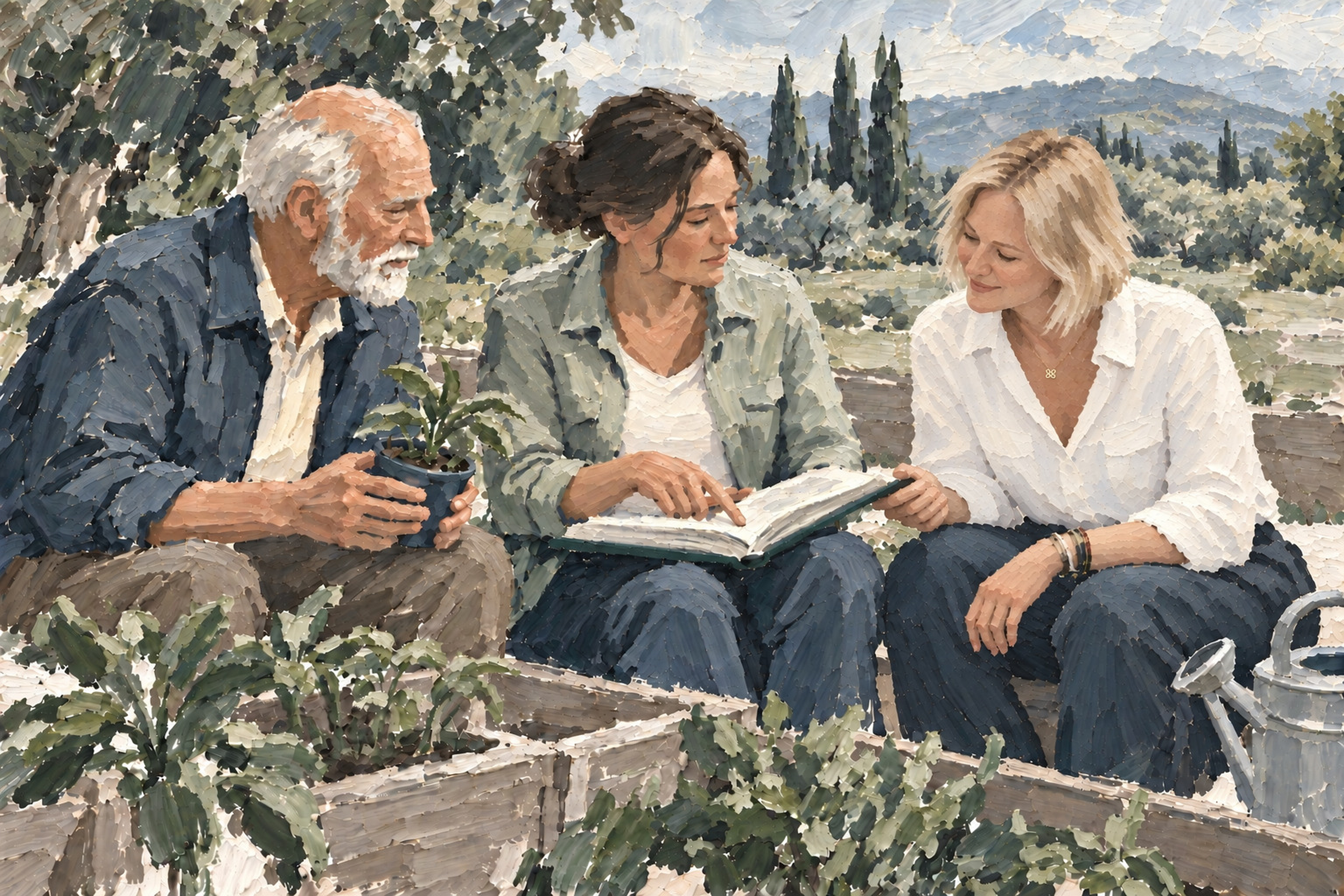 Tableau d’un homme âgé et de deux femmes échangeant autour d’un livre et d’une jeune plante dans un jardin