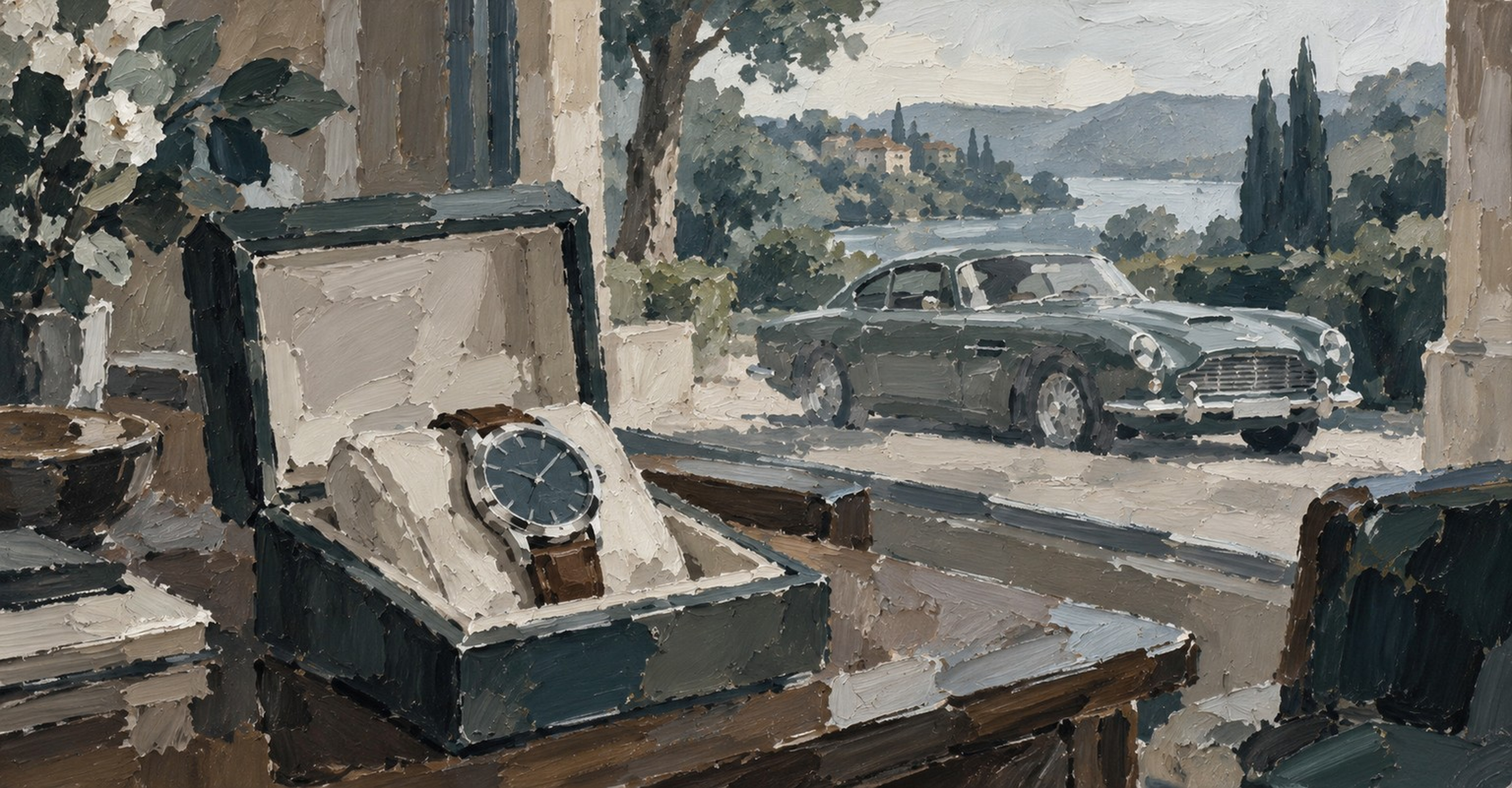 Tableau d’une montre de collection dans son écrin au premier plan, avec une voiture ancienne derrière la fenêtre