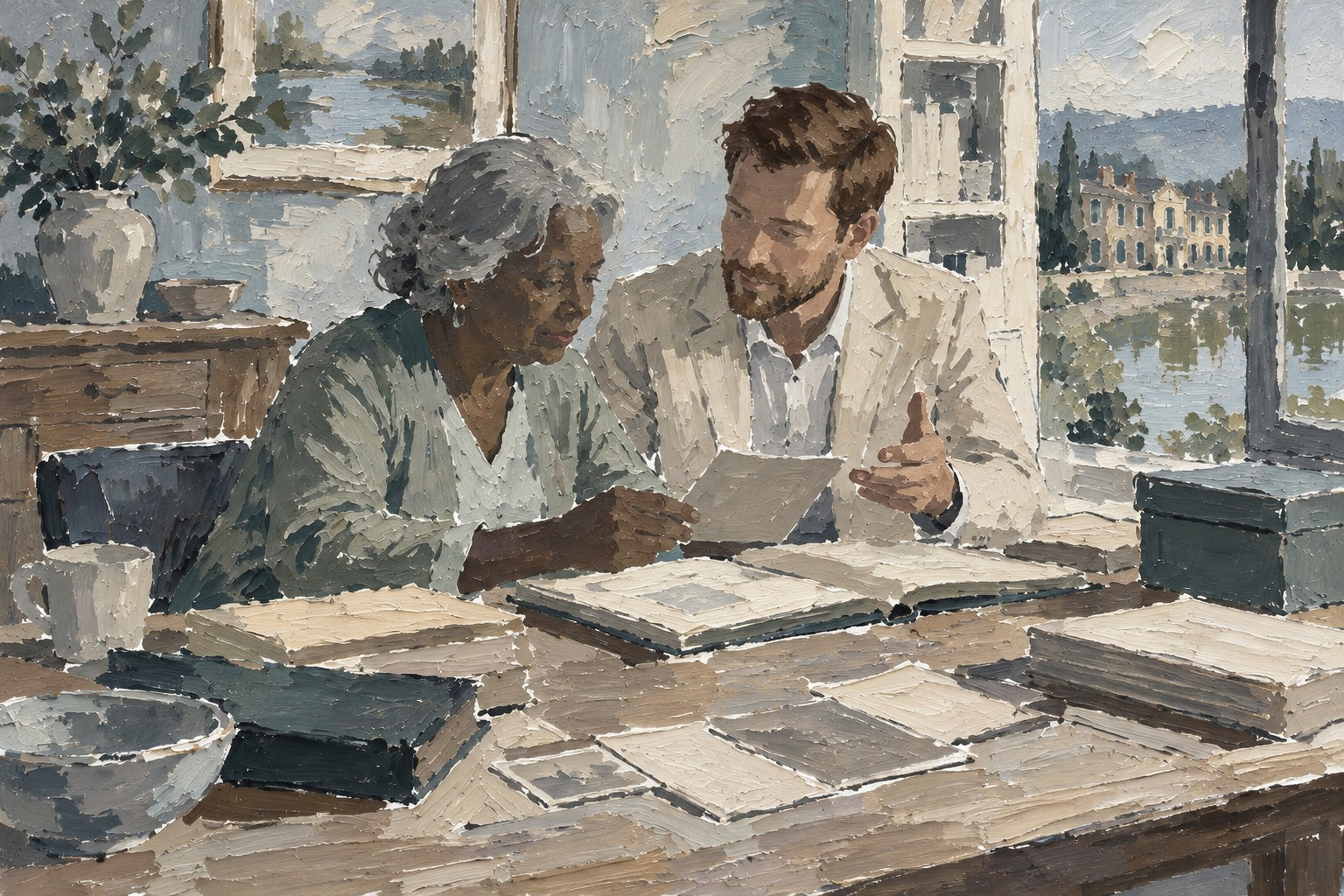 Tableau d’une famille réunie autour de photographies et de documents