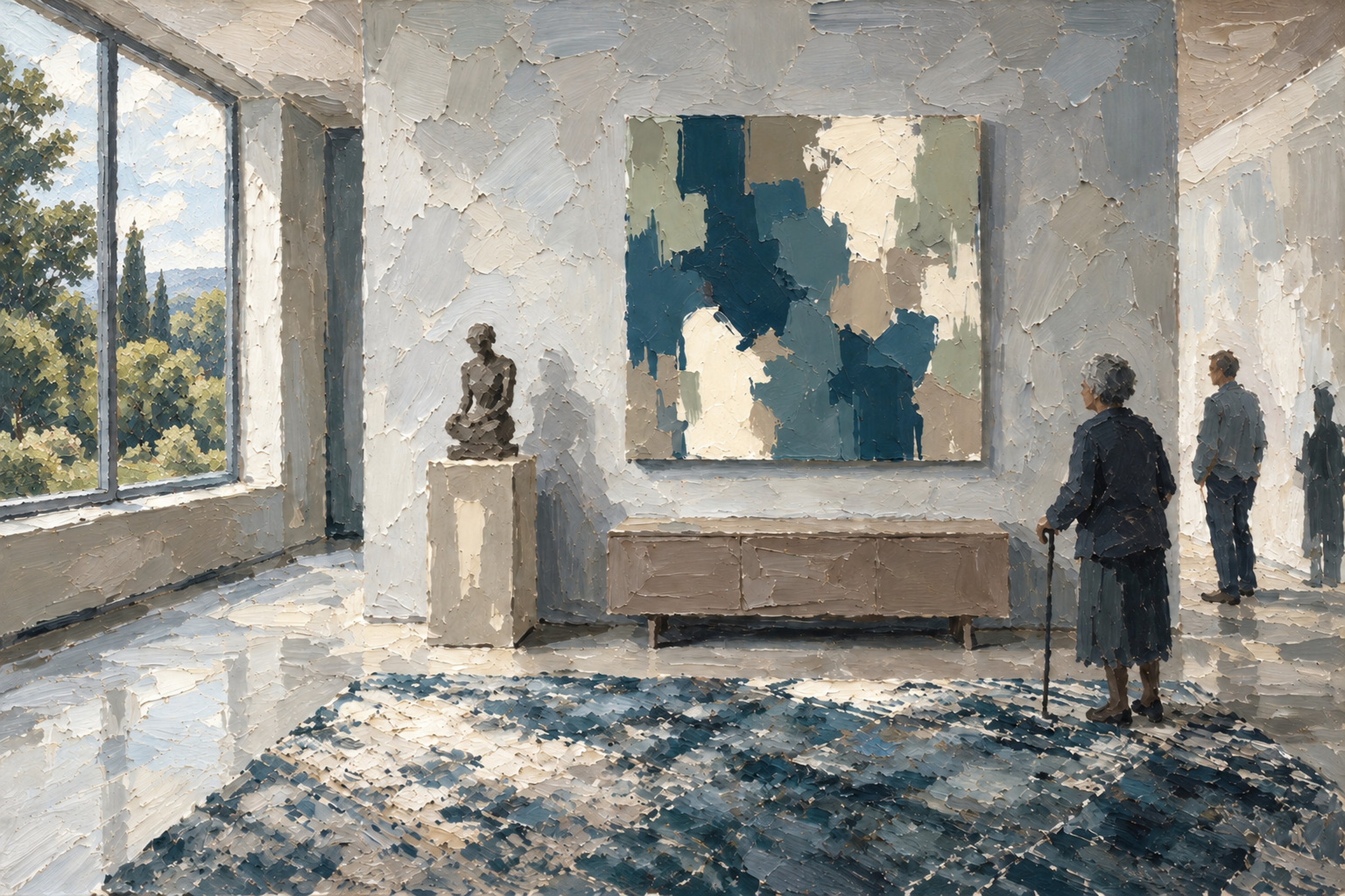 Tableau d’un intérieur réunissant une œuvre abstraite et une sculpture