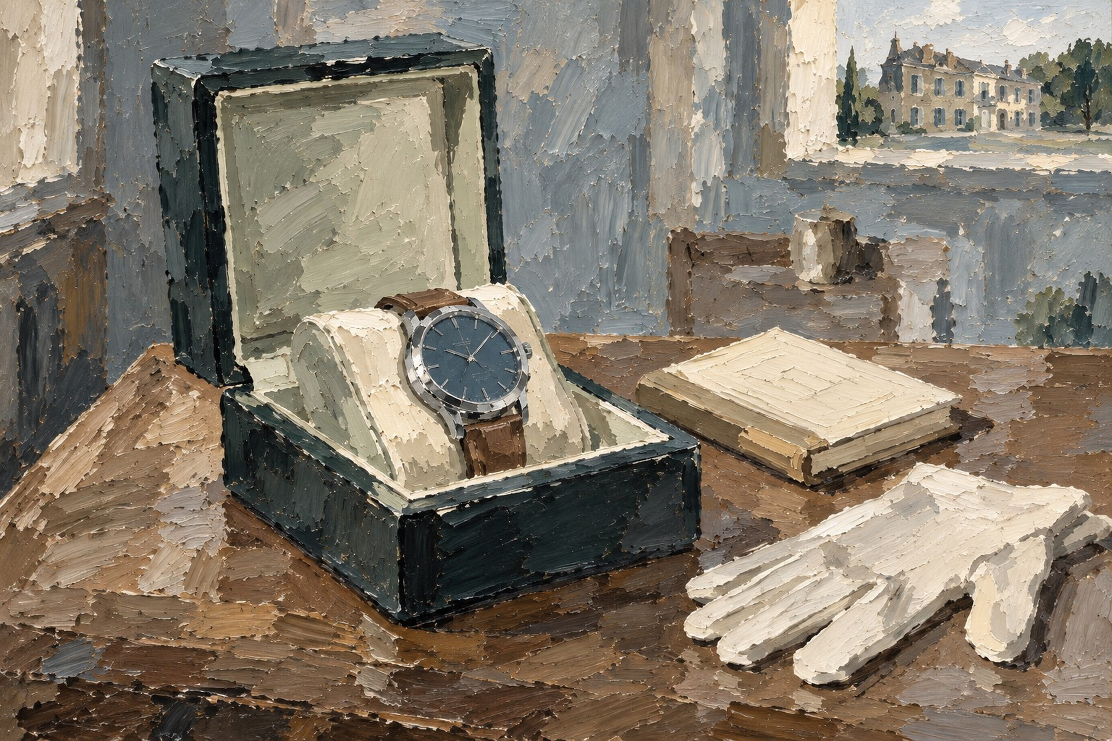 Tableau d’une montre de collection dans son écrin, posée dans une bibliothèque