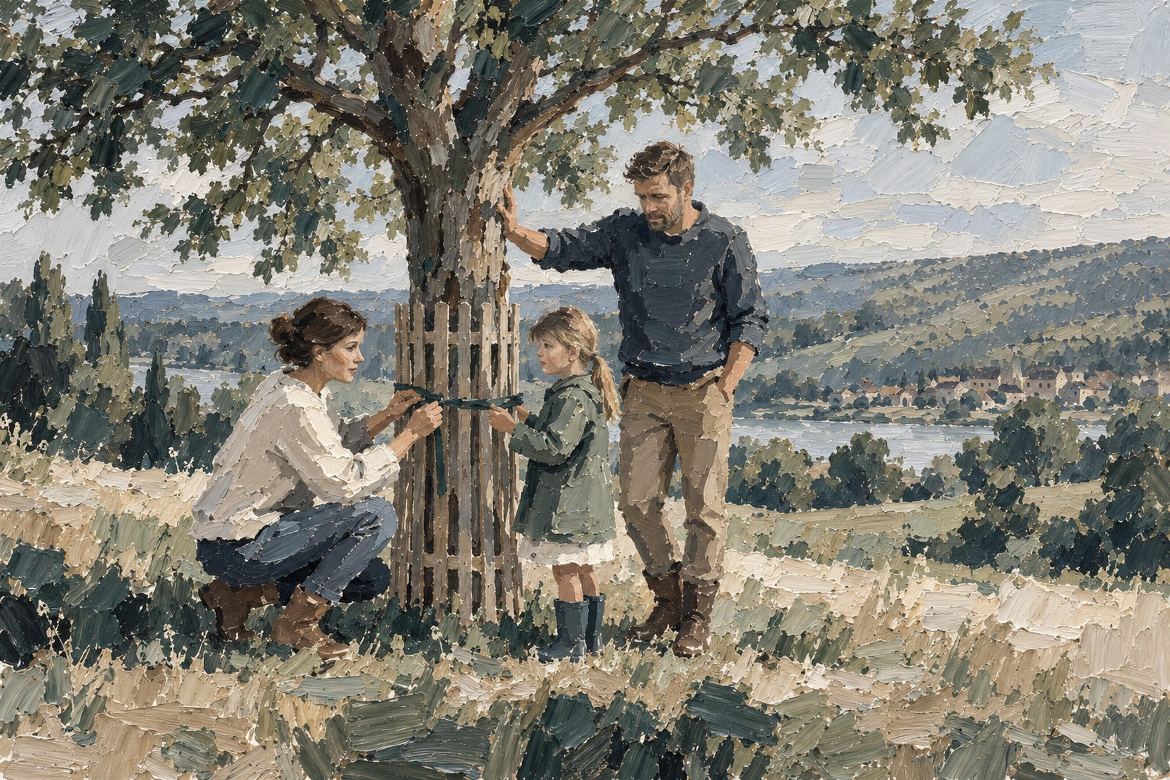 Tableau d'une famille prenant soin d'un jeune arbre, face à une vallée et une rivière