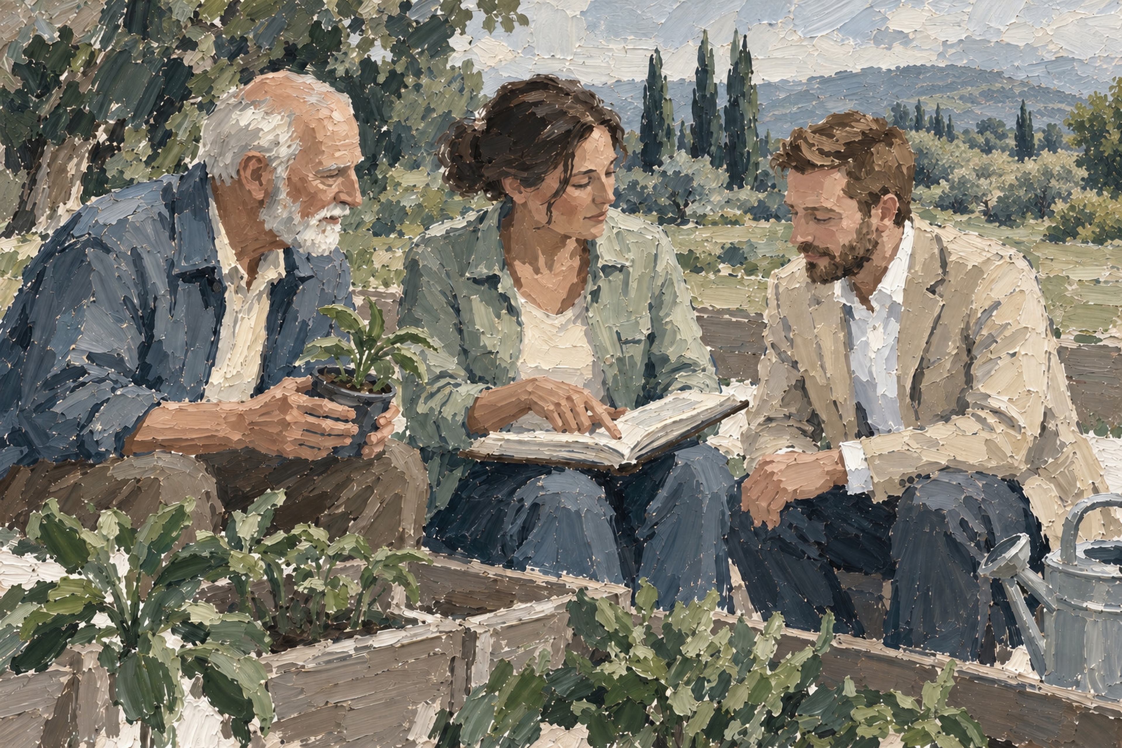 Tableau de trois personnes échangeant autour de documents dans un parc arboré
