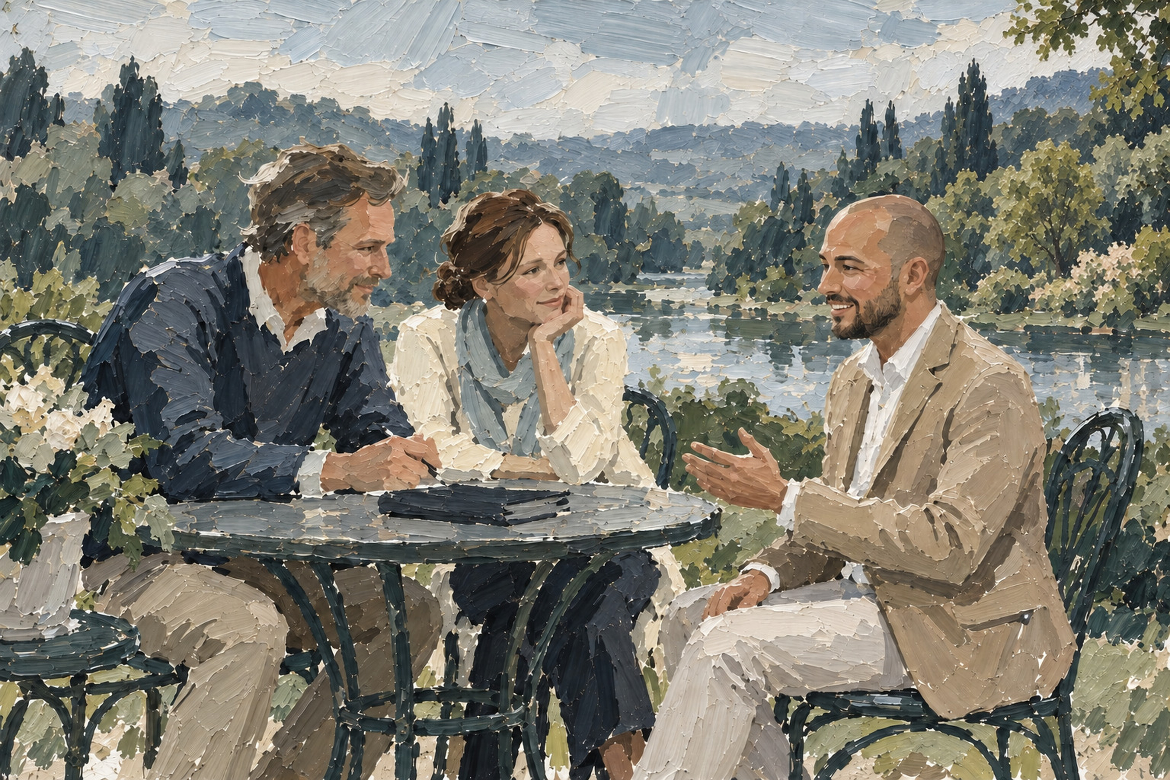 Tableau d’un couple échangeant avec un enfant dans un parc arboré