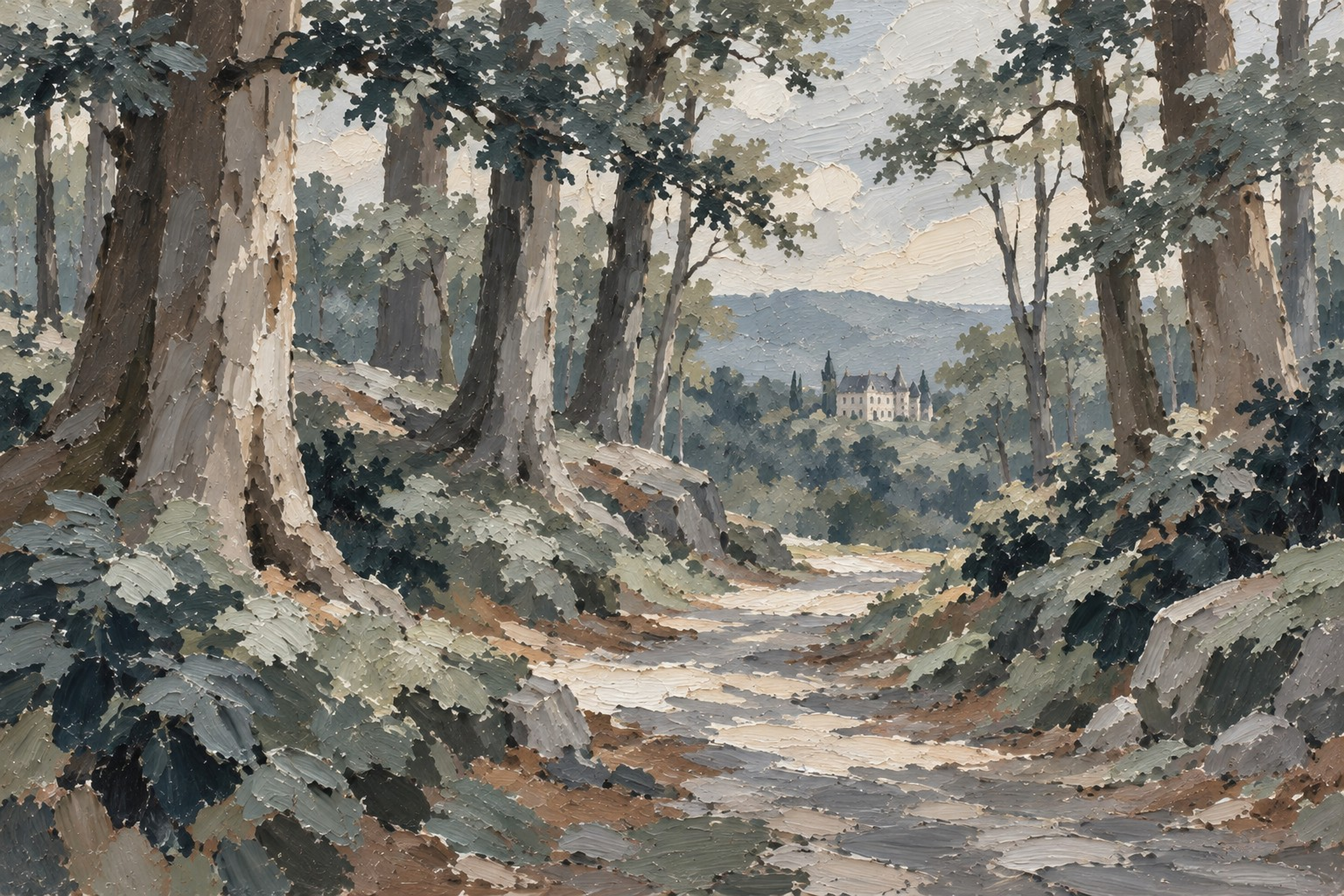Tableau d’un chemin calme traversant une forêt